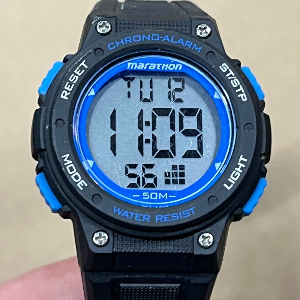 3/$25 Timex Marathon Digital Watch Men Black Blue Round Face New Battery
